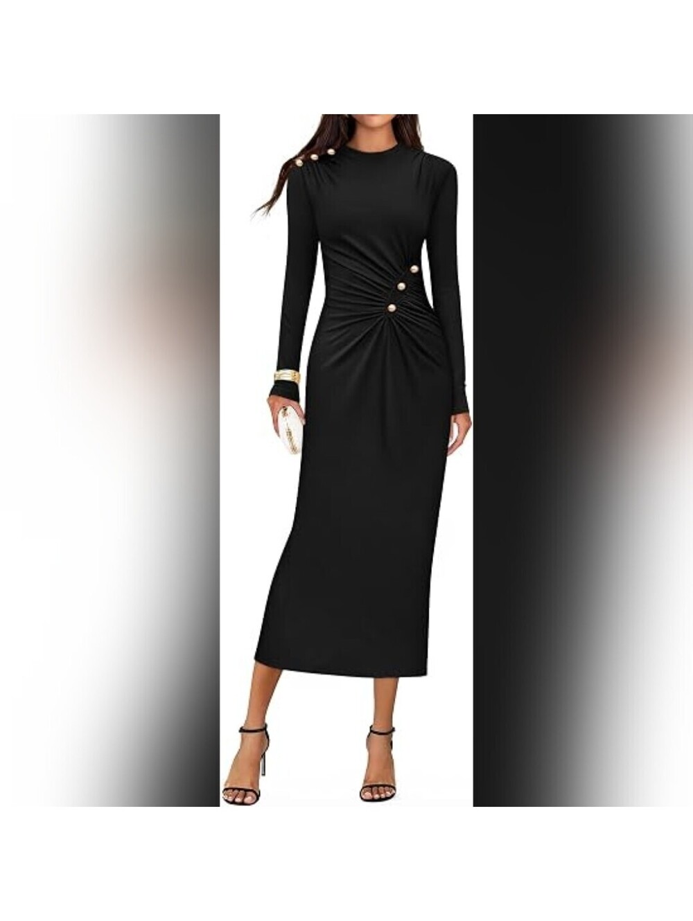 Elegant Black Long-Sleeve Midi Dress with Button Detail